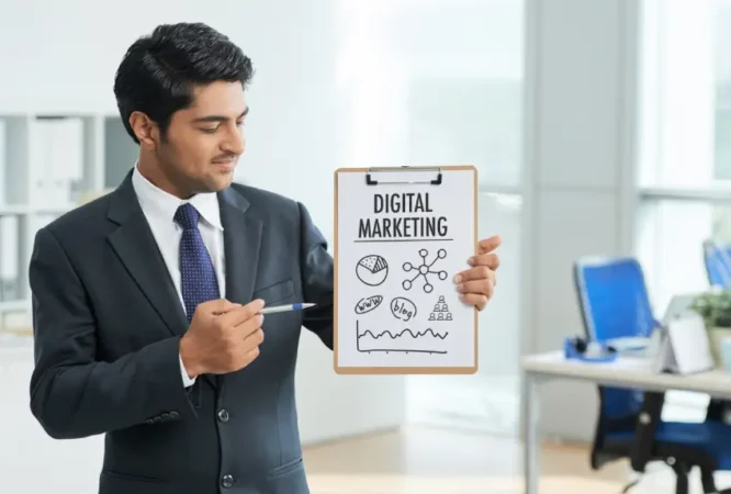 man-suit-standing-office-with-clipboard-pointing-poster-with-words