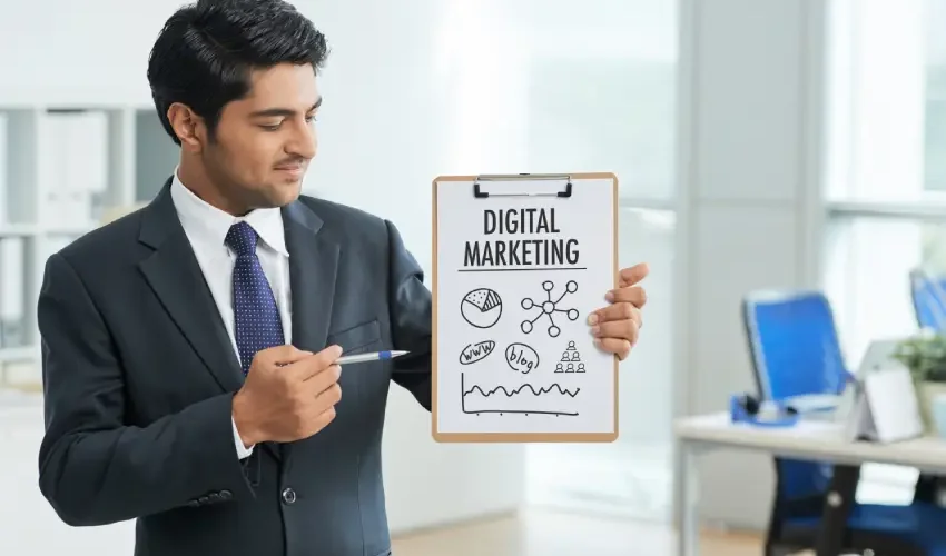 man-suit-standing-office-with-clipboard-pointing-poster-with-words