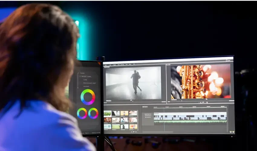 videographer-using-editing-software-color-correcting